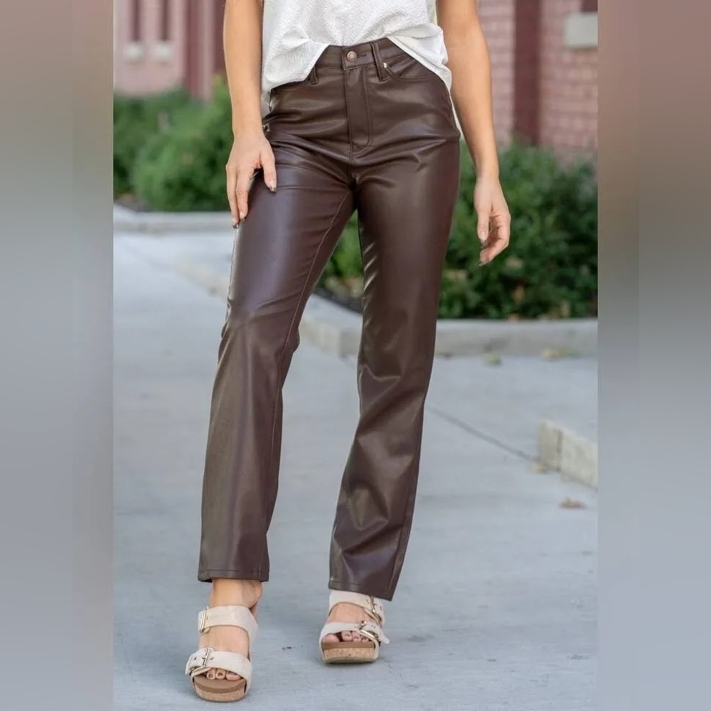 Judy Blue NWT Faux Leather Tummy Control High Rise Straight Pants - Espresso 32